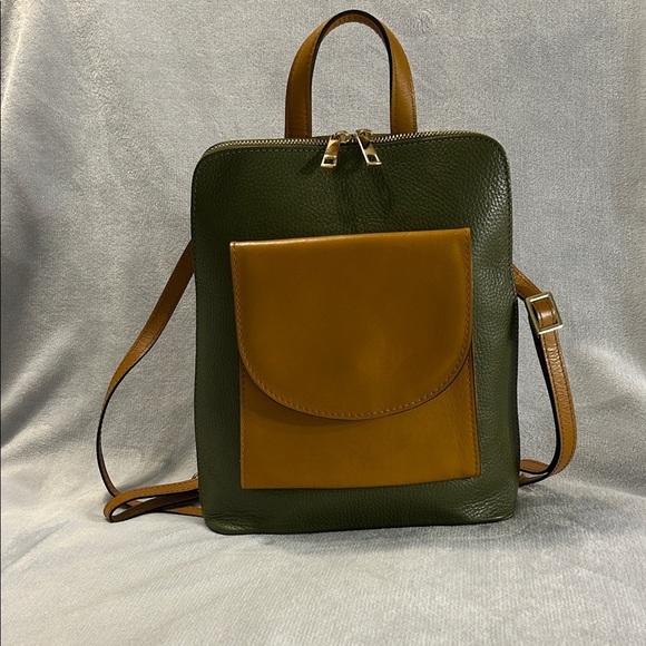 Divina Firenze Green and Tan Leather Backpack with Gold Toned Hardware main image 9